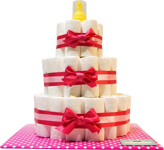 Luiertaart - Pampertaart Meisje 3 Laags Wasschuim - 53 Pampers - Roze