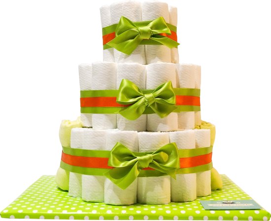 Luiertaart - Pampertaart Neutraal 3 Laags Tetradoek - 50 Pampers - Groen Oranje