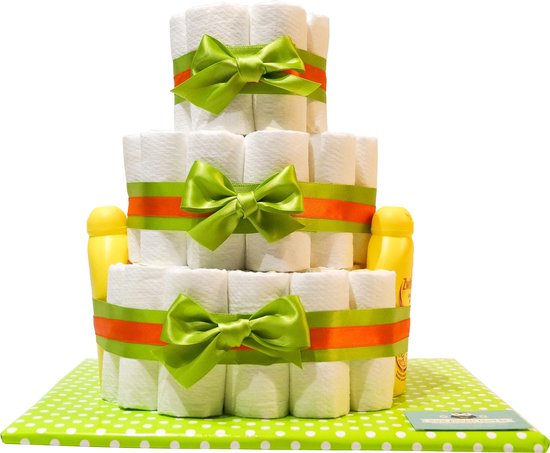 Luiertaart - Pampertaart Neutraal 3 Laags Zwitsal 200 - 52 Pampers - Groen Oranje