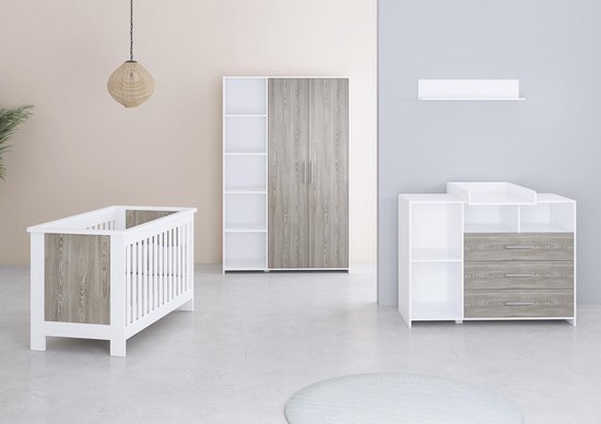 Bebies First Babykamer Lars - Babybed & Commode & Kast -Verstelbare bodem - Wit/bruin