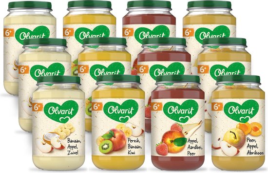 Olvarit Variatiemenu Fruit - fruithapje vanaf 6+ mnd - 4 smaken babyvoeding - 12 fruitpotjes - 200g