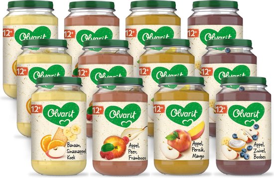 Olvarit Variatiemenu Fruit - fruithapje vanaf 12+ mnd - 4 smaken babyvoeding - 12 fruitpotjes - 200g