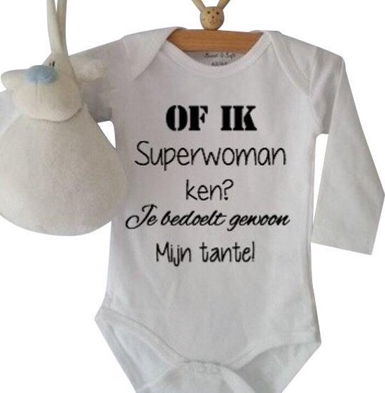 Baby Rompertje Of ik superwoman ken? Je bedoelt gewoon mijn tante! | Lange mouw | wit | maat 62/68 cadeautje zwangerschap aankondiging tante's liefste knuffel worden voor verjaardag of tantedag ( I love allerliefste meter )