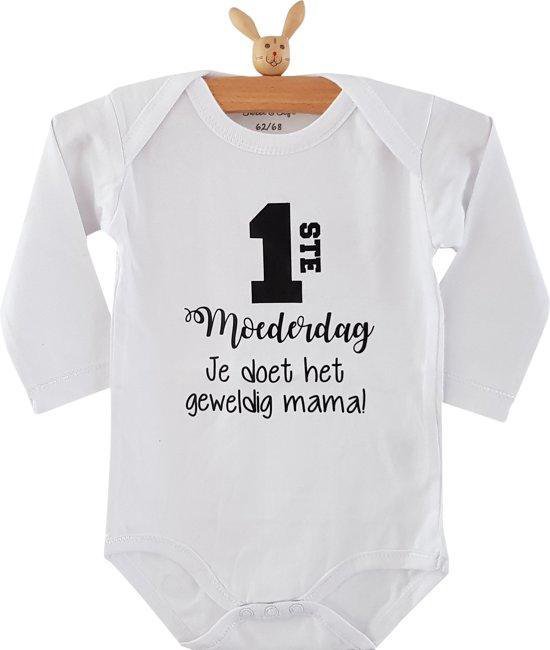 Rompertje baby tekst cadeau eerste moederdag | eerste moederdag je doet het geweldig mama | Lange mouw | wit zwart | maat 74/80