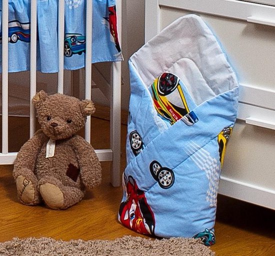Inbakerdoek - Baby swaddle - 80x80cm - blauw met autobussen