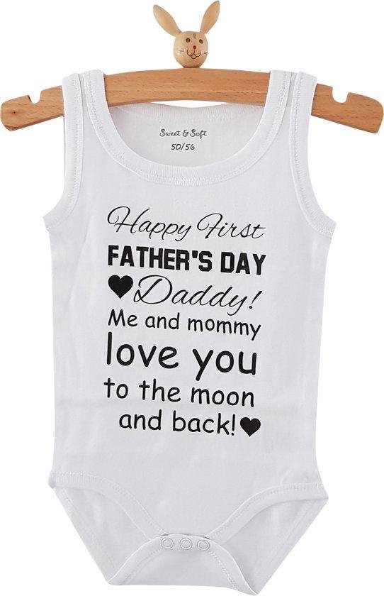 Baby Rompertje tekst papa eerste Vaderdag cadeau | Happy first father’s Day daddy me and mommy love you to the moon and back | zonder mouw mouwloos | wit zwart | maat 62/68