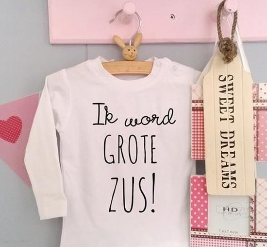 Aankondiging zwangerschap Shirt Ik word grote zus | lange mouw| wit | maat 92 zwangerschap aankondiging bekendmaking Baby big sis sister