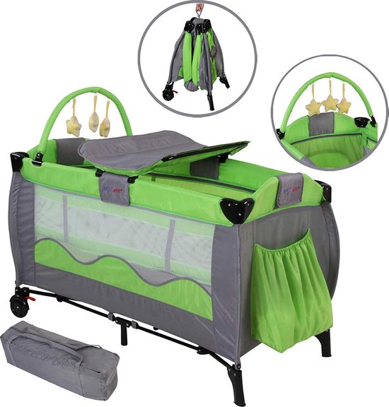 Infantastic- Campingbedje  -groen- reiswieg - 126x66x82cm, belastbaar tot 15 kg, opvouwbaar, in hoogte verstelbaar, incl. aankleedkussen, draagtas, gevoerde randen, 6 designs - combi reiswieg, baby reiswieg