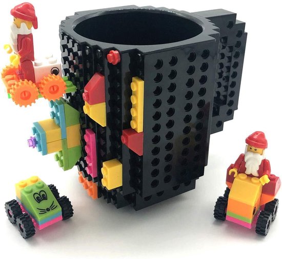 Lego Mok/ Build-on brick mug - zwart - 350 ml - bouw je eigen mok met bouwsteentjes - BPA vrije drinkbeker cadeau voor kinderen of volwassenen - koffie thee limonade of andere dranken - pennenbeker - creatief accessoire voor op bureau - HnD