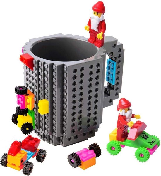 Lego Mok/ Build on Brick Mug - grijs - 350 ml - bouw je eigen mok met bouwsteentjes - BPA vrije drinkbeker cadeau voor kinderen of volwassenen - koffie thee limonade of andere dranken - pennenbeker - creatief accessoire voor op bureau -HnD