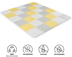 Kinderkraft LUNO Speelmat – 30 puzzelstukken – Antislip & waterdicht – 150x180 cm – Inclusief draagtas – Geel