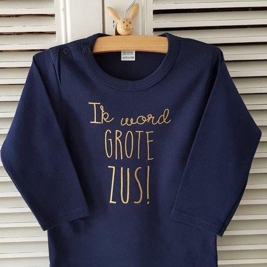 Baby rompertje tekst Hoera ik word grote zus meisje - Zwangerschapsaankondiging  | Lange mouw | blauw goud| maat 86-92  zwangerschap aankondiging