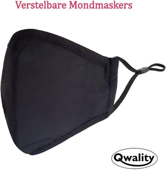 Mondkapje - Stof - Wasbaar - Verstelbaar Mondmasker - Katoen - Met Neusbrug - Zwart - Inclusief Anti Condens (zonne) Brillendoekje – Qwality