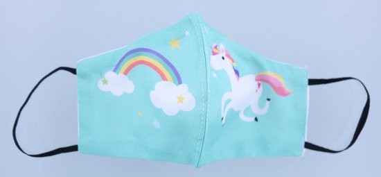 Mondkapje wasbaar van katoen - 2 laags met elastiek voor kinderen van 7-15 jaar Turquoise met Regenboog en Unicorn