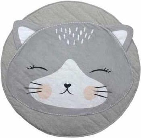 Baby speelmat poes grijs - diameter 90 cm - baby speelkleed - ligmat voor baby - matje - decoratie kinderkamer