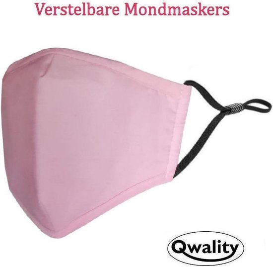 Mondkapje Wasbaar - Verstelbaar Mondmasker - Stof - Katoen - Met Neusbrug - Roze - Qwality