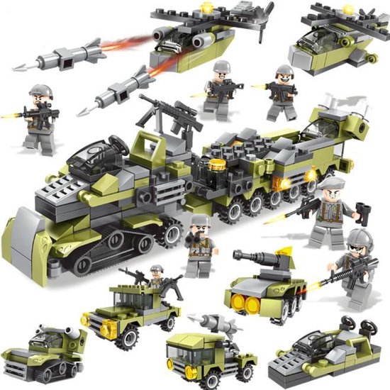 Brickzz | 6 in 1 Leger voertuigen - Army - Defensie voertuigen - Tank - Militaire wagens - Soldaten - Vliegtuig - Straaljager - Boot - Geschikt voor LEGO - Compatibel met LEGO - 296 Bouwstenen