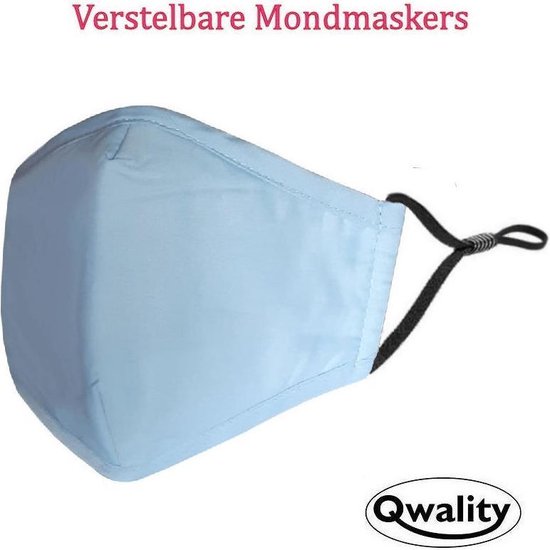 Mondkapje Wasbaar - Verstelbaar Mondmasker - Stof - Katoen - Met Neusbrug - Licht Blauw - Qwality