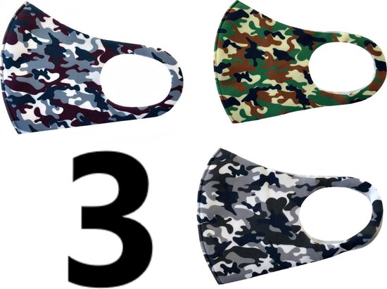 Mondkapje Camouflage | Set van 3 | Grijs | Groen | Paars | Uitwasbaar | Herbruikbaar | Stretchy | Zacht |Stevig | Hoogste Kwaliteit