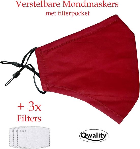 Mondkapje Wasbaar - MET Filter Zakje en 3 Filters - Verstelbaar Mondmasker - Stof - Katoen - Met Neusbrug - Rood - Qwality