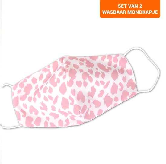 Mondkapje - Mondkapje Wasbaar - Mondmasker - Met Elastieken - Set van 2 - Design - Wit/Roze