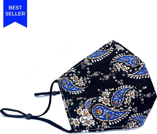 Bloemen Print Mondkapje - Verstelbaar - Wasbaar - 100% katoen - Fashion Trendy Mondkapje Bloemen Print -  Zwart - Blauw - Goud - Motief - Safe - Katoen - Neusbeugel - Mondkap - Mondmasker - Facemask - niet medisch