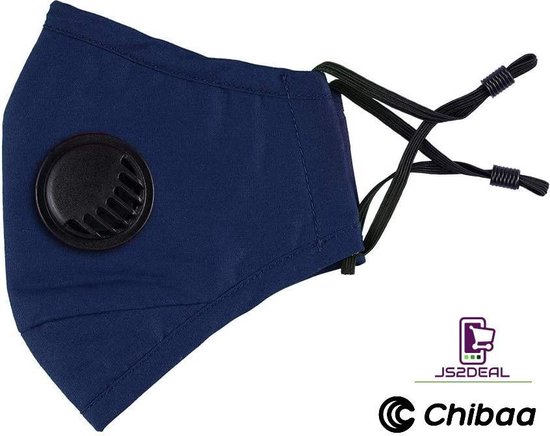 Chibaa - JS2DEAL - Blauw Mondkapje Wasbaar Herbruikbaar Mondmasker Met Ventiel en 1 vervangbare PM2.5 Filter - Katoenen Mondmasker met ventiel en filter - ijzeren neusbeugel - Mouth Mask - Stoffen Mond masker - Herbruikbaar Mond Kapje