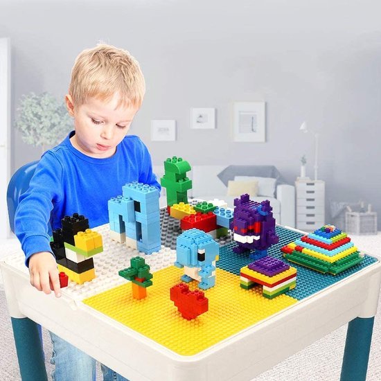Kindertafel en 2 Stoeltjes met 4 Bakjes en 56 Bouwblokken - Speeltafel -Blokkentafel -  Constructiespeelgoed Kinderen - Constructie Speelgoed Jongens en Meisjes 3, 4, 5, 6 Jaar - Geschikt voor Duplo Bouwstenen