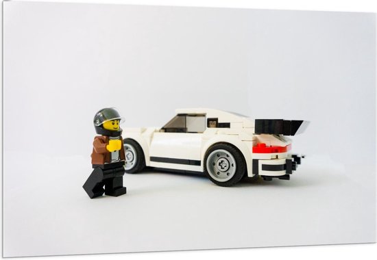 Plexiglas - Witte Lego Auto met Lego Poppetje - 150x100cm Foto op Plexiglas (Met Ophangsysteem)