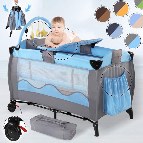 Trend24 - Reisbed - Reisbedje baby - babybedjes - Babybedje - Draagtas - Opvouwbaar - tot 15 KG - 126 x 67 x 82 cm - Blauw-Grijs