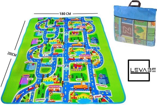 Levabe MEGA GROTE Kinder speel mat DUBBELZIJDIG | Stad| stadsverkeer | Speelkleed | voor kinderen | 200 cm x 180 cm |