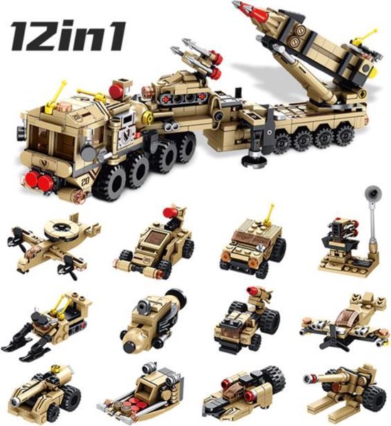 Brickzz | 12 in 1 Raketwerper - Anti Aircraft - Militaire wagens - Defensie voertuigen - Tanks - Leger - Army - Soldaten - Vrachtwagen - Boot - Vliegtuig - Geschikt voor LEGO - Compatibel met LEGO - 549 Bouwstenen