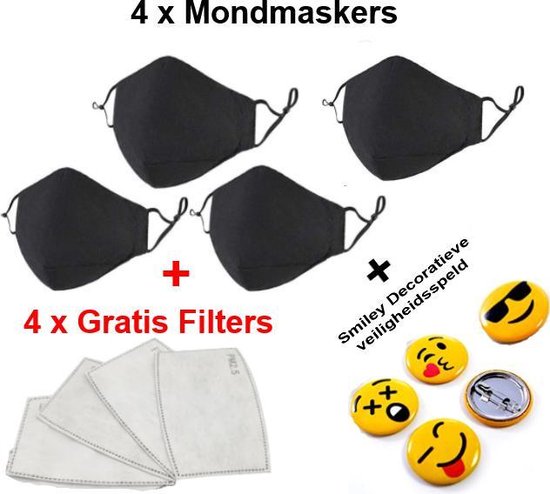 4 Stuks Verstelbare, Herbruikbare, Wasbare Mondmaskers - Wasbaar Mondkapjes (Zwart) - (Niet medisch) - x 4 stuks / 4 x GRATIS - 5 laag filters / 4 x GRATIS Smiley - Emoji Decoratieve Veiligheidsspeld