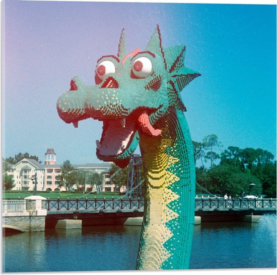 Plexiglas - Draken Hoofd van Lego  - 50x50cm Foto op Plexiglas (Met Ophangsysteem)