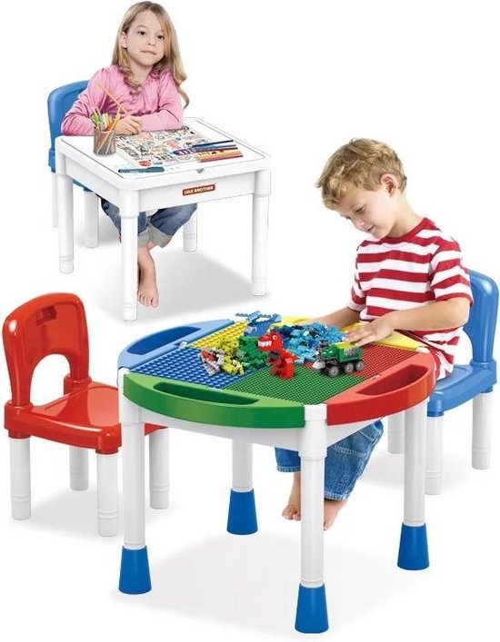 G2G - Kindertafel met 2 Stoeltjes 4 Bakjes - Tafel 2 in 1 - Blokkentafel -  Speeltafel – Tekentafel - Blokken Tafel - Geschikt voor Duplo en Lego Bouwstenen