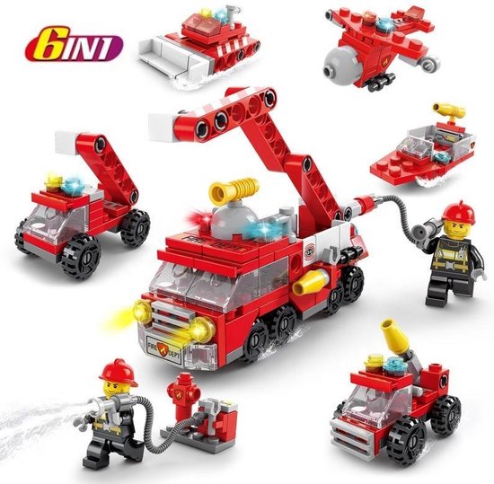 Brandweerauto speelgoed - Brandweerman - Brandweerwagen - 6 in 1 speelgoed auto set - Geschikt voor LEGO - Speelfiguren sets -  Bouwspeelgoed