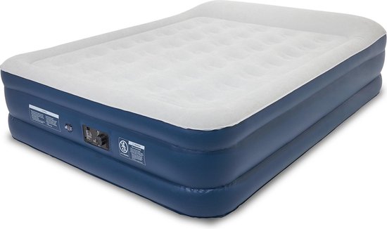 LifeGoods Tweepersoons Luchtbed - Met Ingebouwde Pomp - Air Mattress - Draagtas en Reparatiekit - 203x152x46 CM- Blauw/Wit