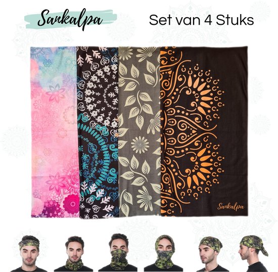 4-Pack Eco Bandana: Mondmasker, Muts en Sjaal - Sankalpa® 3 in 1 Nekwarmer - Incl. Eco Waszak