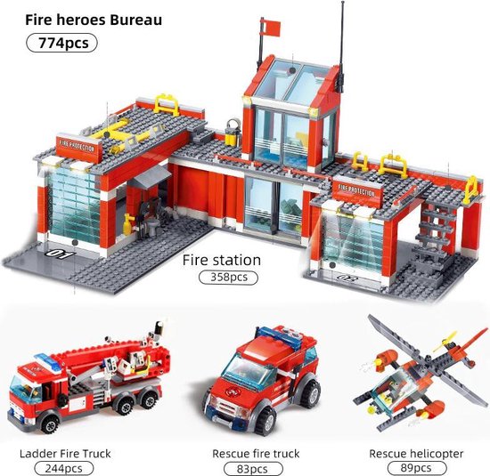 Brickzz | Brandweerkazerne -  Brandweerwagens - Brandweer helikopter - Brandweer - Vrachtwagen - Bluswagen - Ladderwagen - Compatibel met LEGO - Geschikt voor LEGO - 774 Bouwstenen