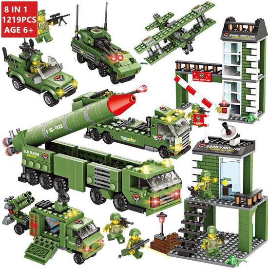 Brickzz | 8 in 1 Militaire Kazerne - Leger voertuigen - Raketwerper - Anti Aircraft - Militaire wagens - Defensie voertuigen - Leger - Army - Soldaten - Vrachtwagen - Boot - Vliegtuig - Geschikt voor LEGO - Compatibel met LEGO - 1219 Bouwstenen