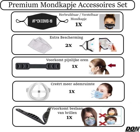 Premium Mondkapje Accessoires Set - Mondmasker (Zwart) -Neusbrug (Grijs) Herbruikbaar wasbaar - Preventiesysteem voor het beslaan van brillen / Beugel Airframe (Wit) Meer ademruimte - Verlenger (Zwart) - Voorkomt pijnlijke oren - 2x Wegwerp Filter