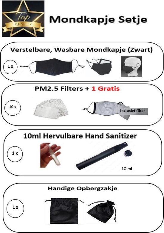 Wasbare Mondkapje - Verstelbaar x 1 - Mondkapje Zwart / Mondkapje Handige Wasbare Opbergzakje - Mondmaskerhouder x 1 (Zwart) / Mondmasker PM2.5 Filters x 10 + 1 x GRATIS / Handreinigingsmiddel - Hand Sanitizer 10ml navulbaar flesje / Mondkapje Setje