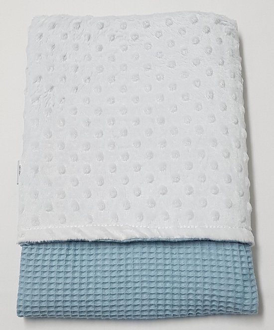 little feet-baby zomer dekentje 100 x 75 – blauw wafelkatoen wit minky fleece-wiegdeken-deken kinderwagen