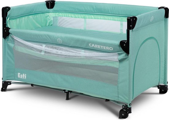 Caretero Esti Campingbed met 2 lagen inklapbaar - co sleeper functie- baby vakantie kinder bed met op wielen mint