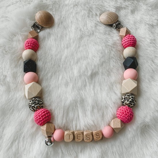 Babybeads - Wagenspanner met naam - Roze met tijgerprint