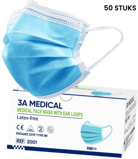 3A Medical Type IIR wegwerp medische mondkapjes met oorlussen | EN14683:2019 | 98% filtratie, vloeistofbestendig chirurgisch mondmaskers 2R - 3 laags masker - 50 stuks