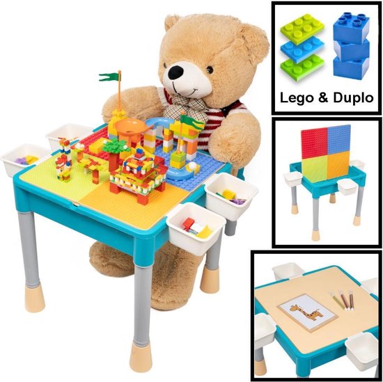 Decopatent® - Kindertafel met 1 Stoeltje - Speeltafel met bouwplaat en vlakke kant - Geschikt voor Lego® & Duplo® Bouwstenen