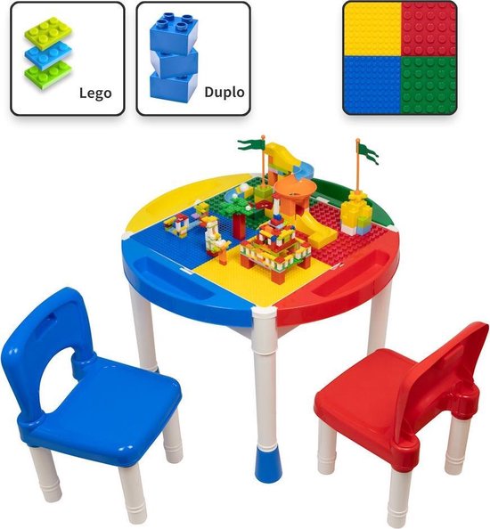 Decopatent® - Kindertafel met 2 Stoeltjes - Speeltafel met bouwplaat en vlakke kant - Geschikt voor Lego® & Duplo® Bouwstenen
