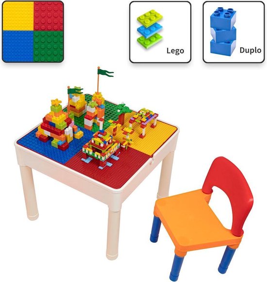 Decopatent® - Kindertafel met 1 Stoeltje - Speeltafel met bouwplaat en vlakke kant - Geschikt voor Lego® & Duplo® Bouwstenen