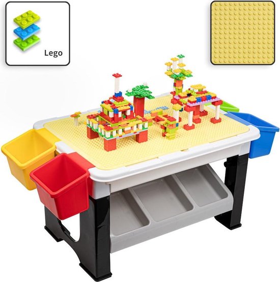 Decopatent® - Speeltafel met bouwplaat (geschikt voor Lego® blokken) en vlakke kant. Kindertafel met 7 Opbergbakken - Bouwtafel